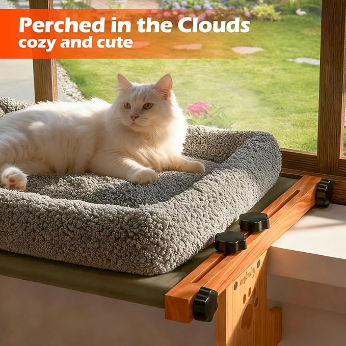Cat Window Perch Sturdy Hammock Window Seat with Cushion Bed Cover, Wood & Metal Frame for Large Cats, Easy to Adjust Cat Bed for Windowsill, Bedside, Drawer and Cabinet (M)