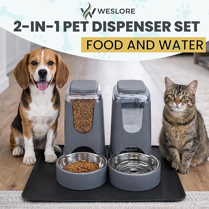 Automatic Cat Feeder 2.8L/4L Water Dispenser Set w/Tray Mat, Gravity Pet Feeder, Large Capacity Non-Spill Cat Water & Food Stainless Steel Bowls, Water Dispenser for Feeding Cats & Dog