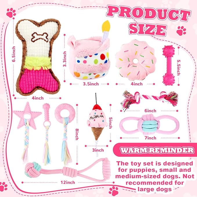 11 Pcs Dog Birthday Toy Gift for Dog Birthday Cake Puppy Girl Boy Squeak Toys Interactive Puppy Gift with Box for Small Medium Size(Classic,Pink)