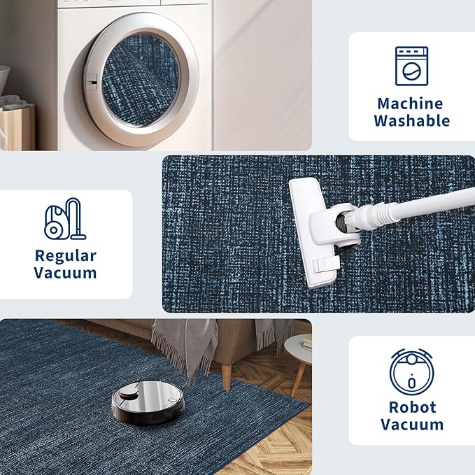 Area Rug 4x6 Washable Bedroom Rugs Non Slip Modern Solid Color Large Living Room Throw Carpet Low Pile Minimalist Kitchen Rug Plain Accent Rug Mat Classic Boho Area Rugs for Nursery Entryway, Navy