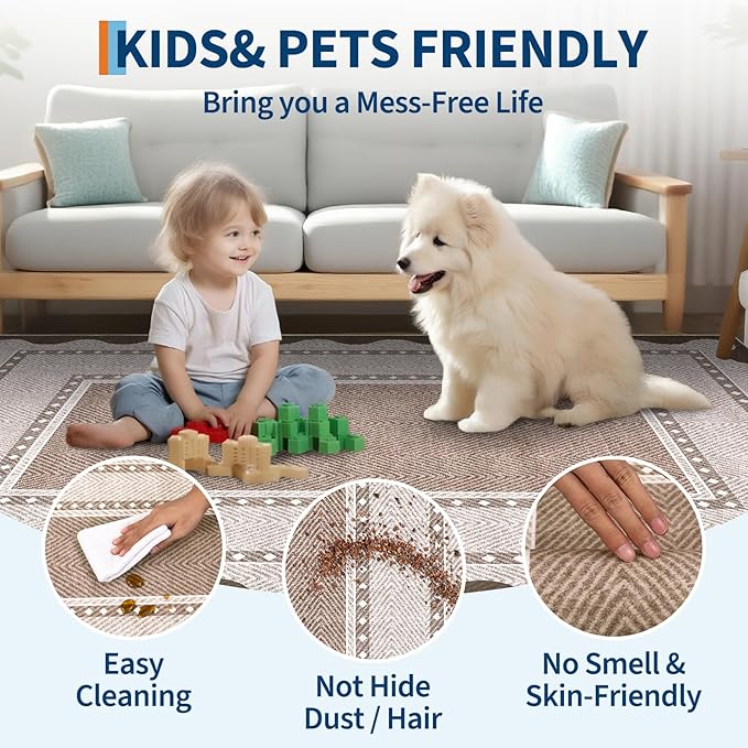 GarveeHome Washable 8x10 Area Rugs with Non Slip Backing, Large Solid Rugs for Living Room Bedroom, Modern Border Neutral Soft Carpet, Stain-Resistant Floor Mats for Nursery, Home Decor, Red Brown
