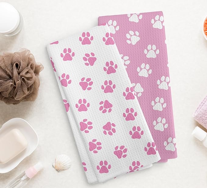 Pink Dog Paw Hand Towel and Dishcloths Set of 2, Light Pink Kitchen Towels, Cute Dish Towels for Bathroom, Dog Lovers Gifts for Girls, 16x24 Inch