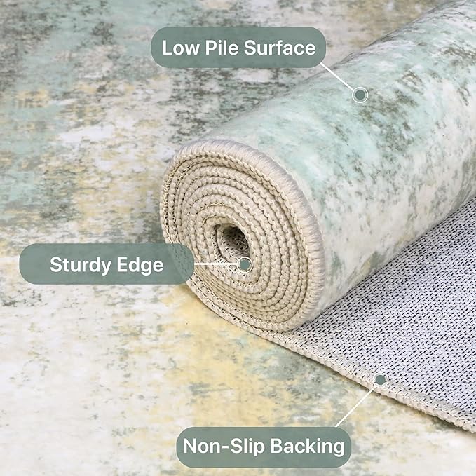 Runner Rug for Hallway Kitchen, 2x12 Machine Washable Runners Rug for Entryway, Soft Modern Abstract Throw Rugs, Low Pile Floor Cover with Non Slip Backing, Light Green