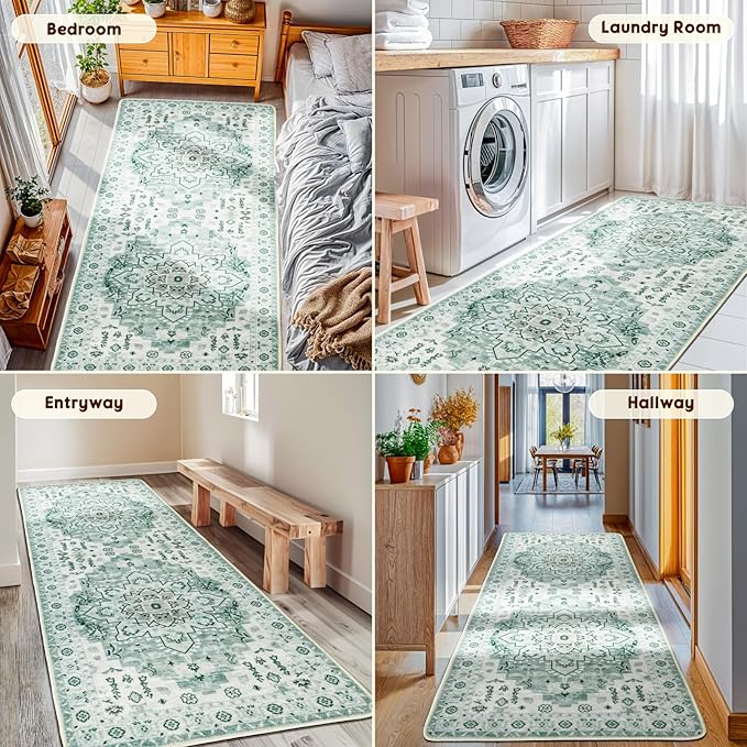 LBRO2M Boho Washable Runner Rug 2'6“X8’ Green Washable Hallway Runner Rugs Non Slip Low Piles Rugs, Soft, Area Rug Runners for Hallways, Bedroom, Kitchen Laundry Room (2'6"X8', Green)