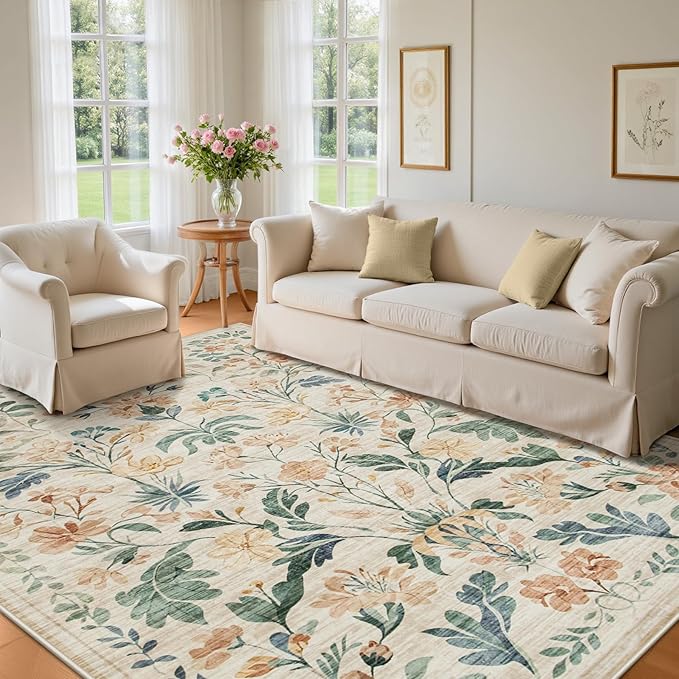 10x14 Area Rugs Washable Rug: Lagre Boho Living Room Rug Soft Non-Slip Thin Carpet Indoor Floor Non-Shedding Neutral Floral Carpets for Bedroom Dining Room Farmhouse Nursery Beige