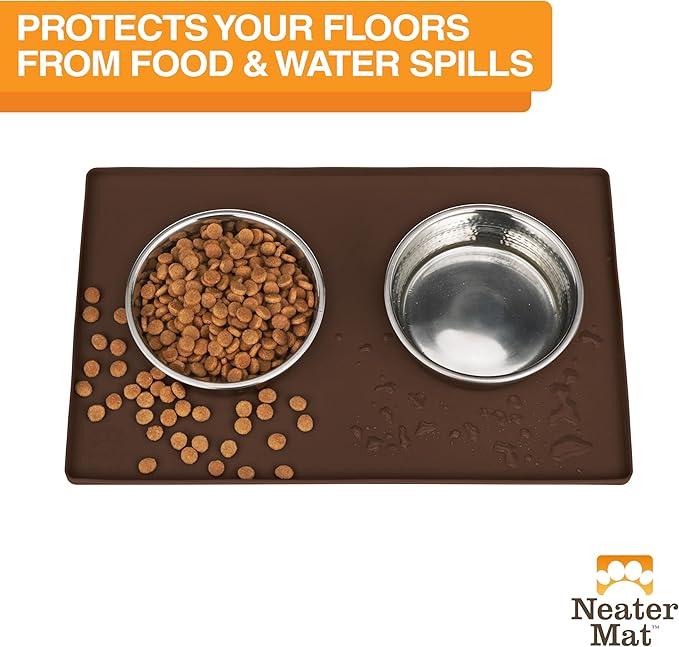 Neater Pet Brands Neater Mat Pet Mats for Food and Water, Cat & Dog Bowl Mat Waterproof Silicone, Feeding Tray, Dog Food Mats for Floors, Placemat w/Raised Edge for Under Bowls, 16” x 10”, Brown