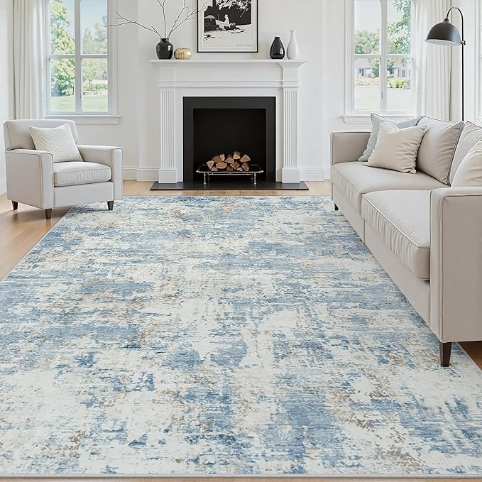 9x12 Area Rugs Living Room Rug Modern Abstract Neutral Washable Rugs Non Slip Soft Carpet Large Area Rug Low Pile Stain Resistant Non Shedding for Bedroom Nursery Dining Room Home Office Blue