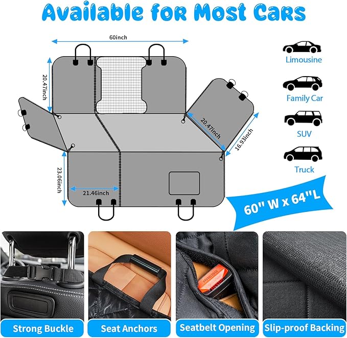 URPOWER 6-in-1 Dog Car Seat Cover for Back Seat, Waterproof Dog Car Hammock with Mesh Window & Side Flap, Pet Backseat Protector for Car, SUV, Truck