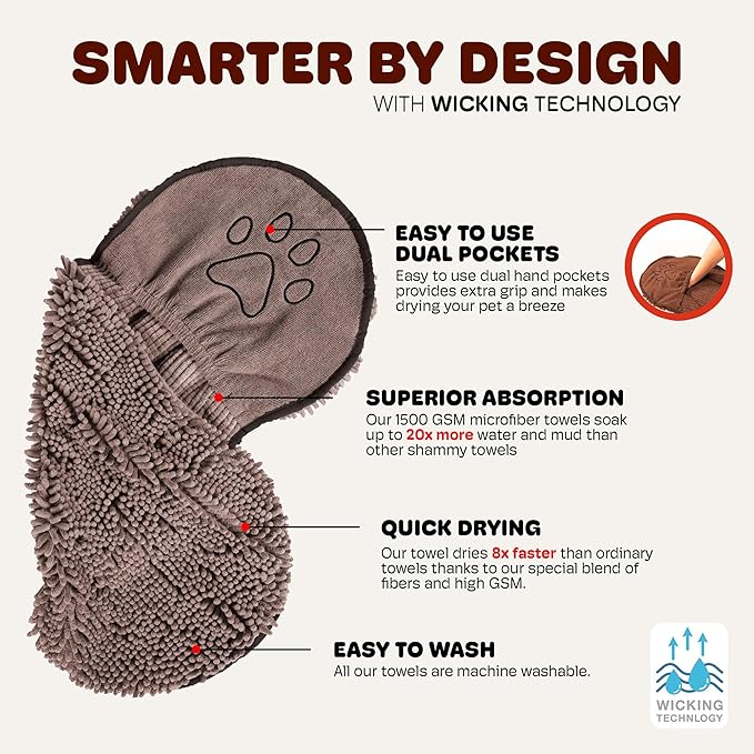 Dog Gone Smart The Dirty Dog Shammy - Fast Drying Plush Shammy Towel with Dual Hand Pockets and Elastic - Super Absorbent Microfiber and Machine Washable - 31×13 in, Grey
