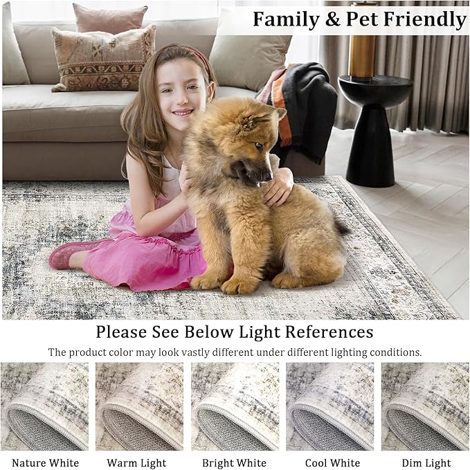 GarveeHome Bedroom Area Rug 5x7 Vintage Distressed Living Room Area Rug Non Slip Low Pile Large Dining Room Rug Soft Medallion Throw Floor Carpet Machine Washable Rugs for Home Office, Sage