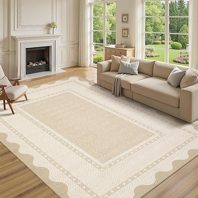 GarveeHome Washable 8x10 Area Rugs with Non Slip Backing, Large Solid Rugs for Living Room Bedroom, Modern Border Neutral Soft Carpet, Stain-Resistant Floor Mats for Nursery, Home Decor, Beige
