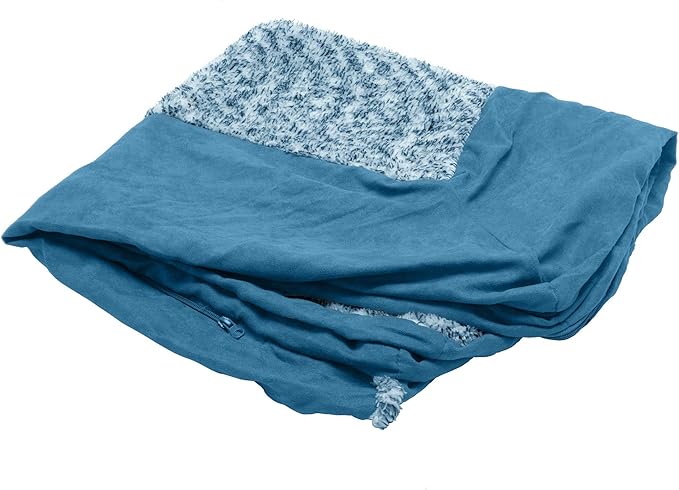 Furhaven Replacement Dog Bed Cover Two-Tone Faux Fur & Suede L Shaped Chaise, Machine Washable - Marine Blue, Large