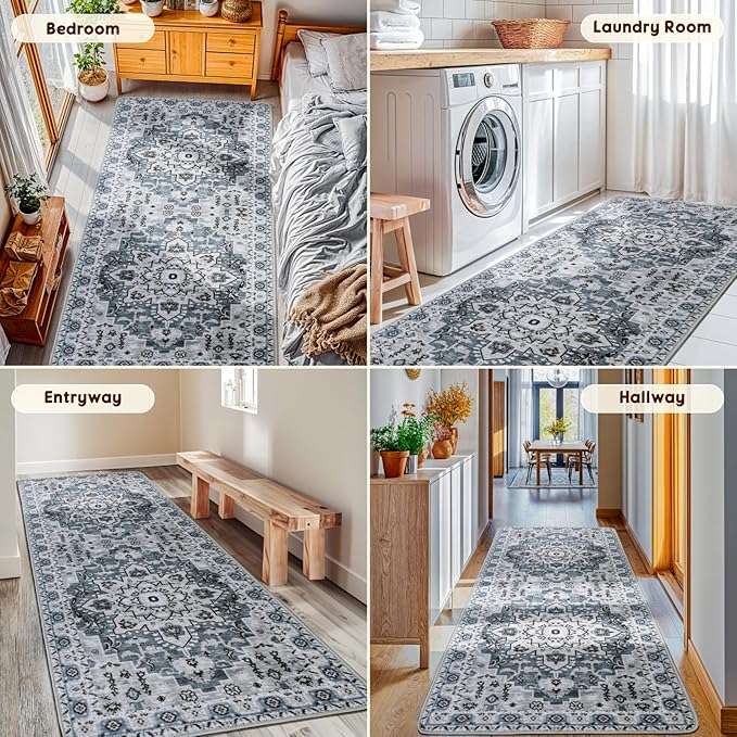 LBRO2M Boho Runner Rug 2X6 Hallway Rug Non Slip Washable Runners for Hallways, Bedroom, Kitchen Laundry Room Pet Friendly Area Rugs (2X6, Dusty Blue)