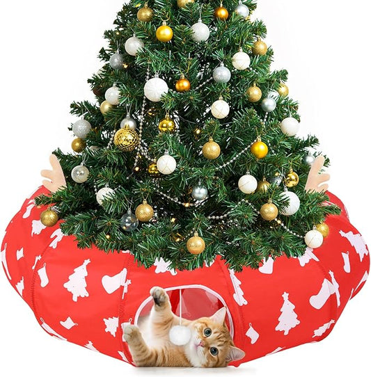 Cat Tunnel Bed Under Christmas Tree, 35' Xmas Peekaboo Cat Cave with Toy Balls and Circle Cushion. Multifunctional Playground Pet Toys Gifts for Kitty, Rabbit and Small Animals, Red + White