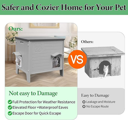 Deblue Outdoor Cat House Weatherpoof Large Plastic Cats Houses with Escape Door Indoor Waterproof Feral/Pet Cat Shelter Outside for Multiple Cats (Grey)