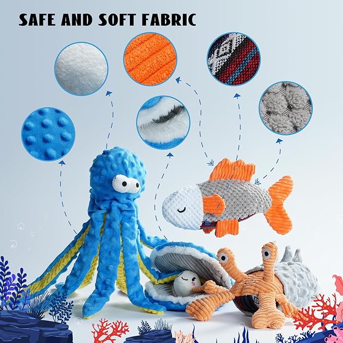 Nocciola Fish Salmon Crinkle Squeaky Dog Toys for Aggressive Chewers, Durable Stuffed Plush Rope Tug Puppy Toy for Small, Medium Large Dogs, Ocean Beach Summer, Dog Birthday Gifts