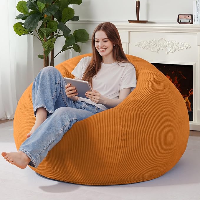 Homguava 5FT Bean Bag Chair for Adults,Teardrop Giant Bean Bags Big Beanbag Chair with Memory Foam Filled and Ultra Soft Removable Corduroy Cover for Living Room, Bedroom(Orange)