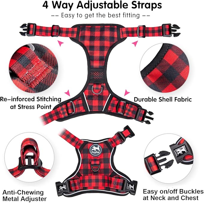 PoyPet No Pull Dog Harness, [Release at Neck] Reflective Adjustable No Choke Pet Vest with Front & Back 2 Leash Attachments, Soft Control Training Handle, Plaid(Checkered Red, XL)