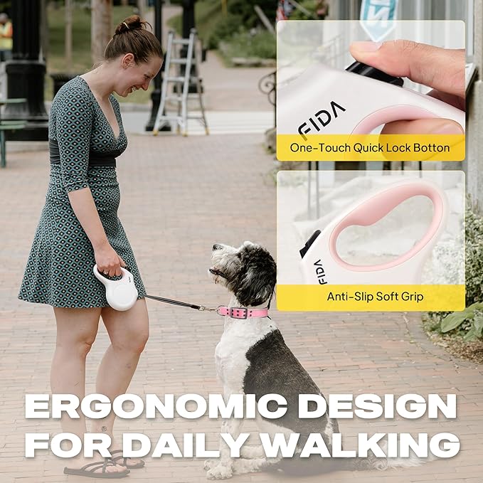 Fida Retractable Dog Leash, 16 ft Dog Walking Leash for Medium Dogs up to 44lbs, Tangle Free, White & Pink