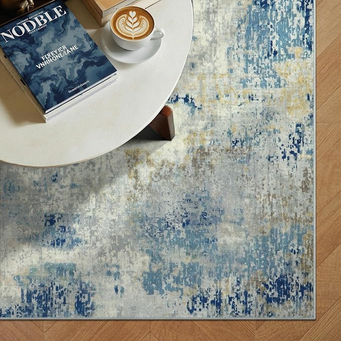 Lahome Modern Abstract Area Rug 4x6, Washable Living Room Rug for Bedroom Entryway Non Slip, Soft Contemporary Indoor Floor Throw Carpet for Apartment Playroom Home Office, Blue
