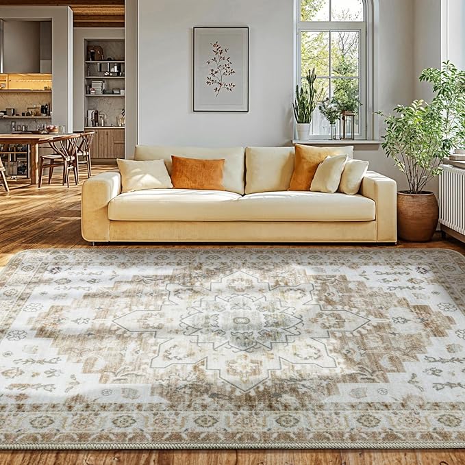 LBRO2M Boho Area Rug 9X12 Washable Rugs for Bedroom Low Piles Indoor Carpet, Non Slip Soft Rug for Living Room, Dining Room, Cream Rug Foldable Pet Friendly Area Rugs Stain Resistant (9'X12' Cream)