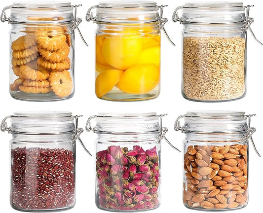 ComSaf Airtight Glass Canister with Lid Set of 6, 25oz Food Storage Jar, Mason Jars, Storage Container with Seal Wire Clamp Fastening for Kitchen Fermenting Preserving Canning Pasta Flour Cereal