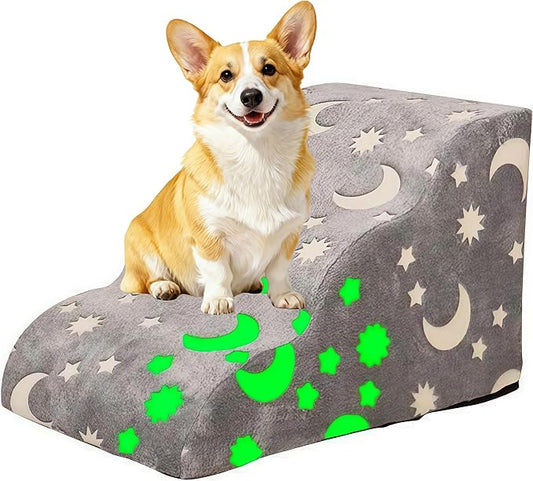 Dog Cat Stairs, Non-Slip Stable Indoor Glow in The Dark Dog Steps, Small Medium Large Pet 3-Step Ramp for Bed, Couch, Height 16"