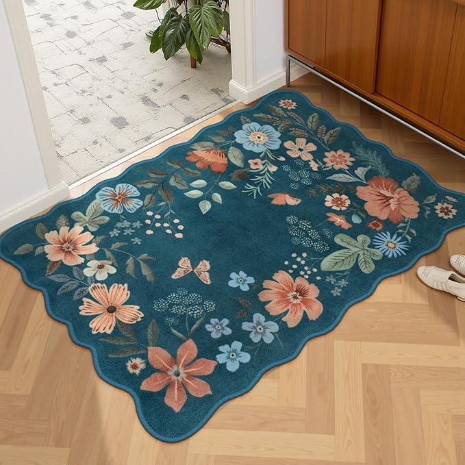 Lahome Floral Washable Entryway Rug, 2X3 Soft Kitchen Rugs Non-Slip, Ultra-Thin Door Mat Indoor Entrance Stain Resistant Boho Small Throw Carpet for Bathroom Bedroom Entry, Navy Blue