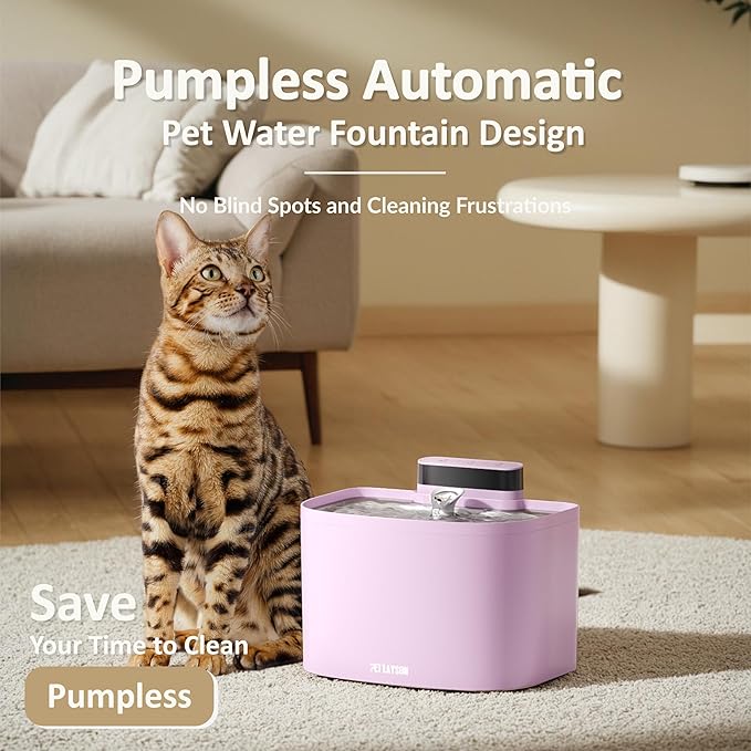 PET LAYSON Pumpless Cat Water Fountain,Cordless Fountains Battery Operated, 3.6L/122oz with Maglev Valve Technology Rechargeable Water Dispenser for Cat&Dog, 8 Filters,2 Nozzles(Pink01,M1-8 Filter)