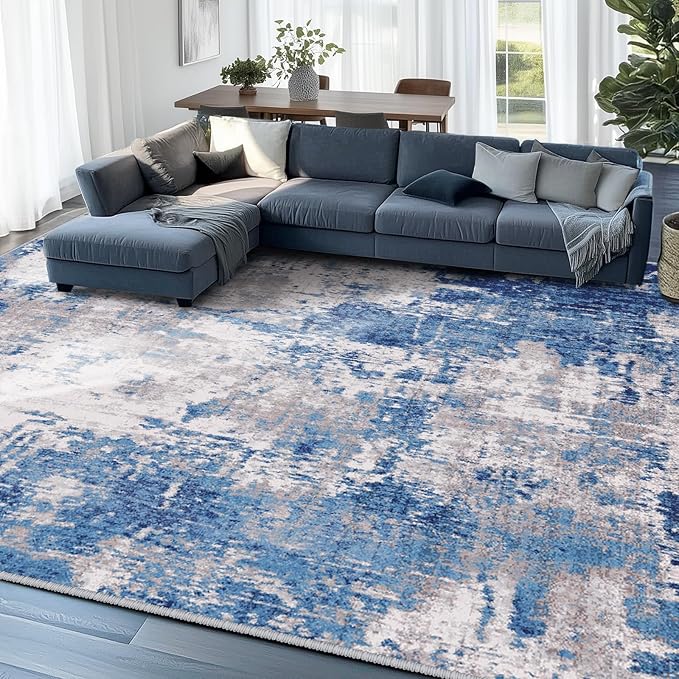 Washable Area Rugs 9'x12' Non-Slip Modern Abstract Soft for Living Room Entryway Bedroom, Print Pattern, Blue Grey Navy Gray