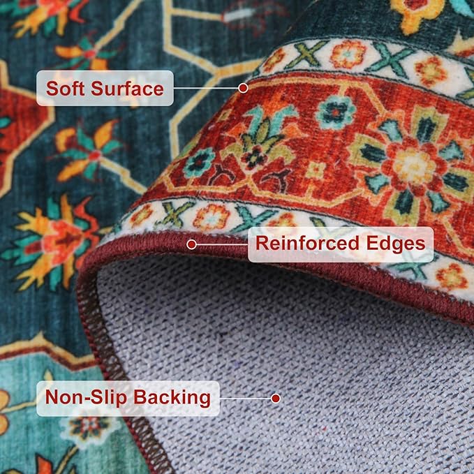 WILLSUN Washable Area Rugs, 4x6 Non-Slip Boho Large Area Rugs for Living Room, Bedroom, Machine Washable Vintage Rug, Indoor Floral Print Carpet for Home Decor, Kid & Pet Friendly Mat