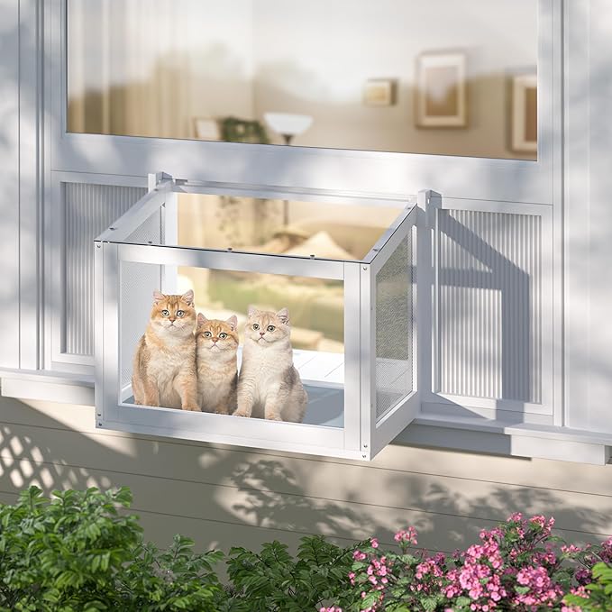 Cat Window Box, Adjustable Window Cat Perch Catio, Wooden Window Catio for Indoor Cats, 304 Iron Mesh, Fits Vertical Window Frames 26" to 42" Wide, Sunbathing, Overlooking, White