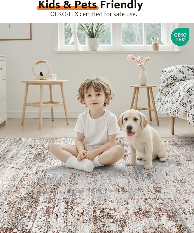 Art&Tuft 9x12 Area Rugs, Stain Resistant Abstract Area Rugs 9x12 Living Room, Foldable Large Washable Area Rug(9'x12', Rust)