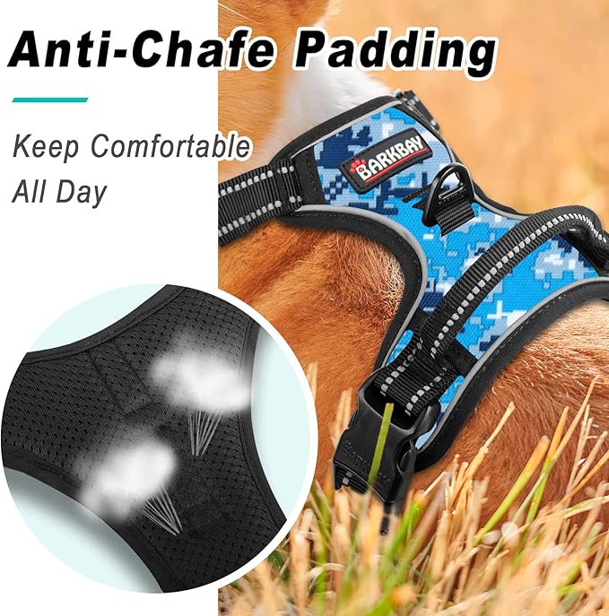 BARKBAY No Pull Dog Harness Large Step in Reflective Dog Harness with Front Clip and Easy Control Handle for Walking Training Running(Blue camo,L)