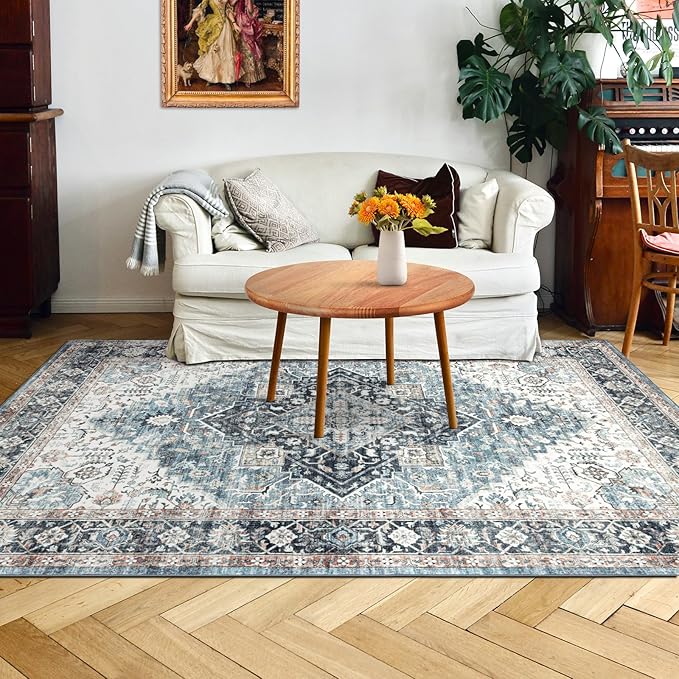 Runner Rug 2횞6, Vintage Boho Rug,Ultra-Soft Low Pile, Washable, Non Slip,Stain Resistant Printed Carpet for Hallway Kitchen Living Room Bedrooms Playroom Office, Blue/Navy