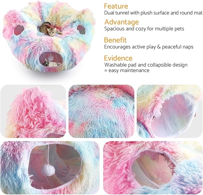 Cat Tunnel Bed, Collapsible Cat Tunnel with Washable Cushion,3-in-1 Multi-Functional Play Tunnel with Peek Holes & Ears, Indoor Playhouse for Cats Kittens Rabbits Small Dogs,Gift for Pet