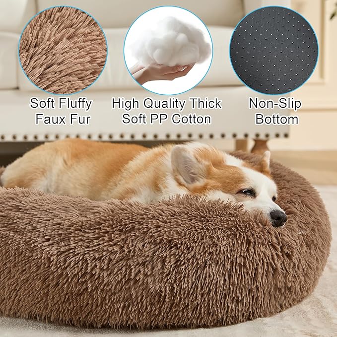 Dog Calming Beds for Medium Large Dogs - Round Donut Washable Dog Bed, Anti-Slip Faux Fur Fluffy Donut Cuddler Anxiety Cat Bed(36" Khaki)