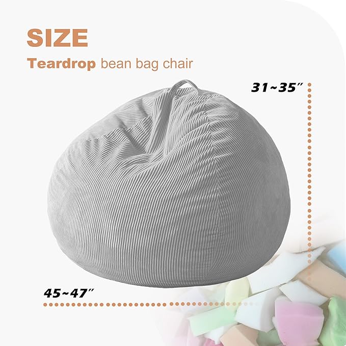 Homguava 4FT Bean Bag Chair for Adults,Teardrop Bean Bags Big Beanbag Chair with Memory Foam Filled and Ultra Soft Removable Corduroy Cover for Living Room, Bedroom (Light Grey)