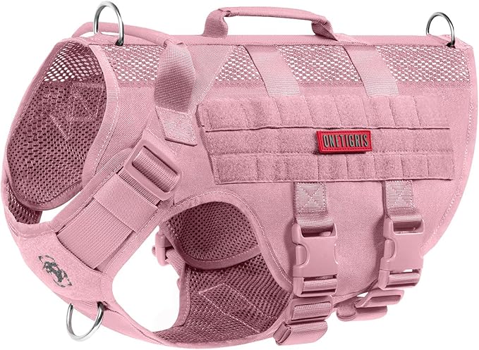 OneTigris Tactical Dog Harness for Small Dog, No Pull Small Dog Vest Harness with Handles Breathable Military Dogs Molle Vests for Walking Hiking Training (Pink, Medium)