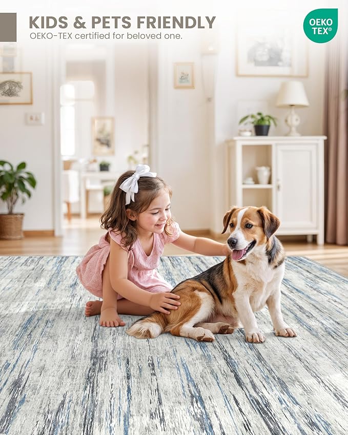Art&Tuft Washable Rug, Anti-Slip Backing Abstract Area Rugs, Stain Resistant Rugs for Living Room, Foldable Machine Washable Area Rug(03-Bluegrey, 8'x10')
