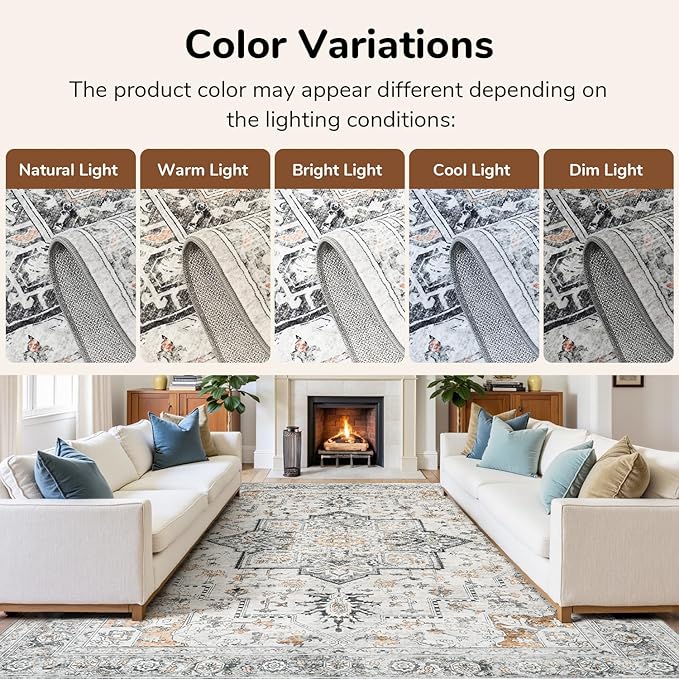 Lessymo 9×12 Area Rugs Washable for Living Room, Large Soft Indoor Rug Non-Slip for Bedroom Kitchen Dining Room Dorm Nursery, Vintage Boho Carpet Stain Resistant for Office Home Decor, Grey/Brown