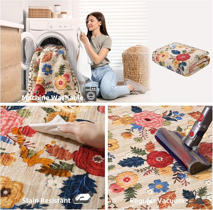 Machine Washable Runner Rug for Hallway: 2'6"x8' Kitchen Runners Rug with Rubber Backing Non Slip Stain Resistant Floral Floor Rug Soft Carpet Runners for Indoor Entryway Bedroom Bedside Living Room
