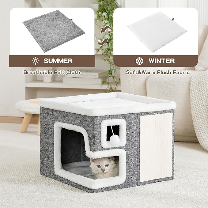 Cat Houses for Indoor Cats, Covered Cave Bed with Scratch Pad and Fluffy Ball, Foldable Cat Hideaway Condo for Large Cats, Modern Kitten Bed,16.5x16.5x13 inches (Grey, Large)