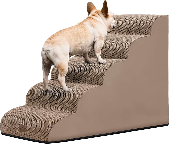gogobunny Ramp Cat Dog Stairs for Beds, Cat Slope Stairs with Durable Waterproof Fabric Cover, Pet Steps for Old Large Dogs Climbing (Camel, 5-Step (33" D x 15.7" W x 22.6" H), 5.0)