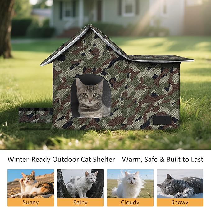 Cat Houses for Outdoor Cats-Large Weatherproof Cat Bed for Indoor Cats,Collapsible Warm Feral Cat Shelter with Removable Soft Mat and Bowl for Winter (Camo, Large)