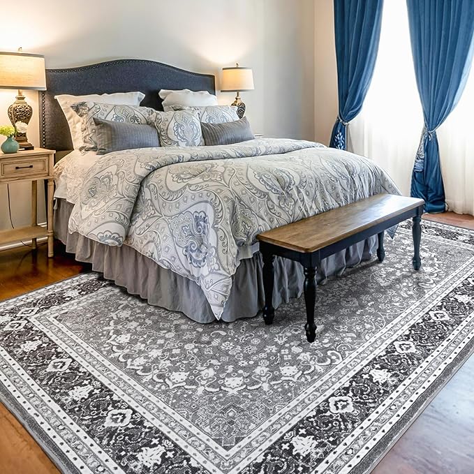 Lessymo 6x9 Bedroom Area Rugs- Machine Washable Area Rugs, Super Soft Faux-Wool Area Rug for Living Room, Boho Area Rug Vintage Floral Medallion Non-Slip Low Pile, Grey White