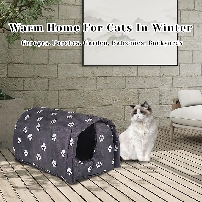 Fhiny Stray Cats Shelter, Waterproof Outdoor Cat House Foldable Warm Pet Cave for Winter Wild Animal Tent Bed Anti-Slip Kitten Cave for Feral Cat Dog Puppy Weatherproof Black