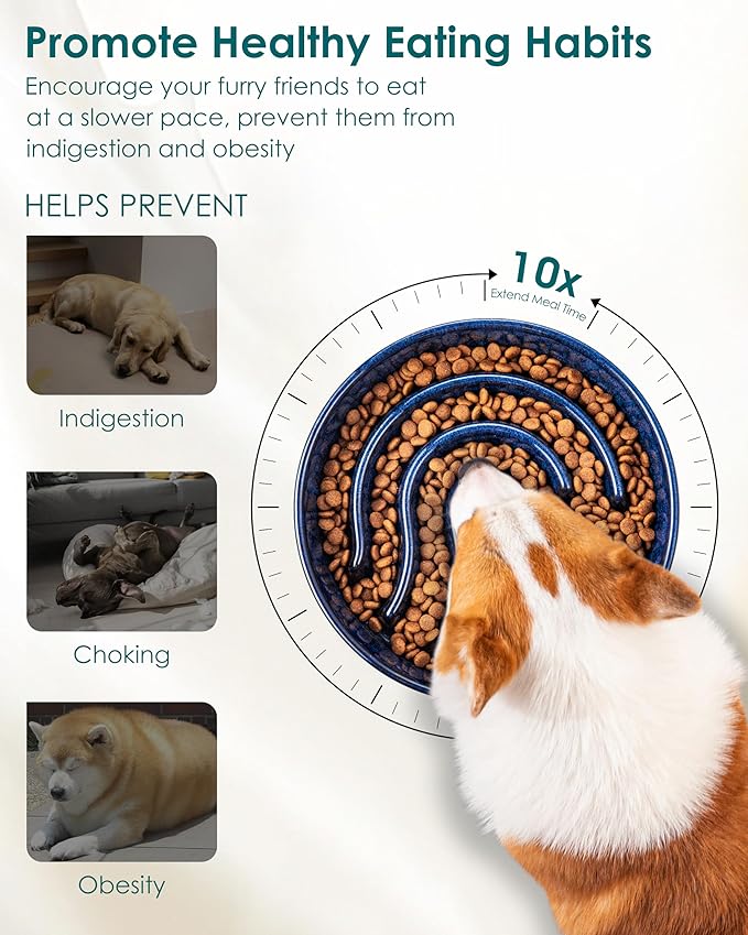 vancasso Slow Feeder Dog Bowl, 1.5 Cup Ceramic Slow Feeding Food Dish for Small and Medium Breed, Puzzle Dog Food Bowl for Fast Eater, Blue