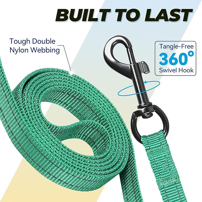 VIVAGLORY Twingrip Dog Leash, Double Handle Dog Leash for Training & Walking with Traffic Handle & 2 Loop, Traffic Control Reflective Heavy Duty for Puppy Pet, 4ft x 1/2in, Turquoise