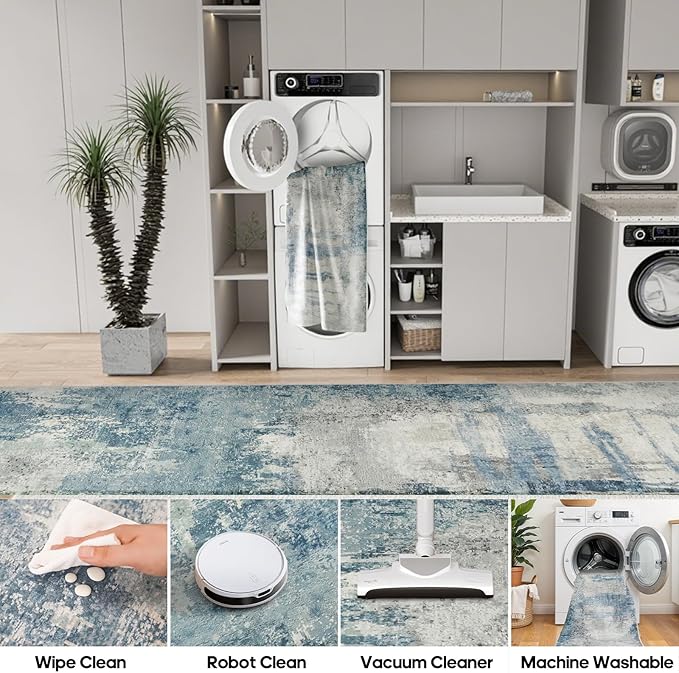 3x8 Runner Rug for Hallway - Washable Abstract Runners Non Slip Kitchen Rugs Low Pile Soft Indoor Floor Carpet Front Door for Bedroom Entryway Laundry 3x8 Blue